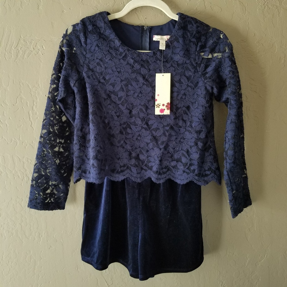 Speechless Girl's Navy Lace Velvet L/S Romper